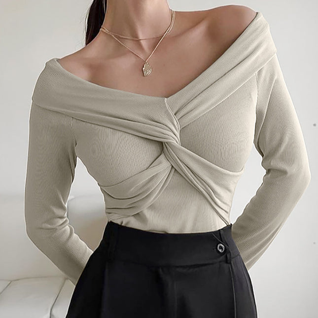 Wholesale Women's Fall Winter Boat Neck Off Shoulder Sweater Crossover Slim Long Sleeve T-Shirt