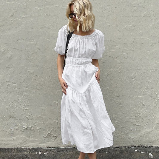 Wholesale Women's Summer Boat Collar Cotton Crepe Puff Sleeve Maxi Dress