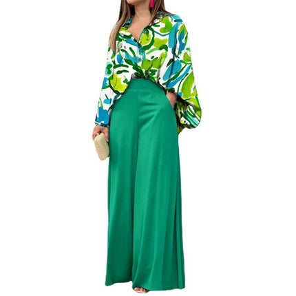 Wholesale Women's Summer Loose Large Size Casual Printed Shirt Top Wide Leg Pants Two-Piece Set