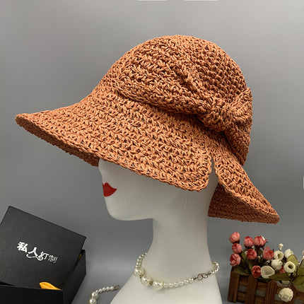 Women's Summer Bow Buket Hat Foldable Sun Hat Beach Hat Small Brim Slit Straw Hat