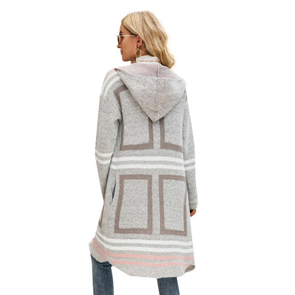 Wholesale Women's Fall Winter Striped Check Long Hooded Sweater Coat