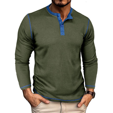 Men's Fall Winter Long-sleeved Henley Waffle Color Block T-shirt