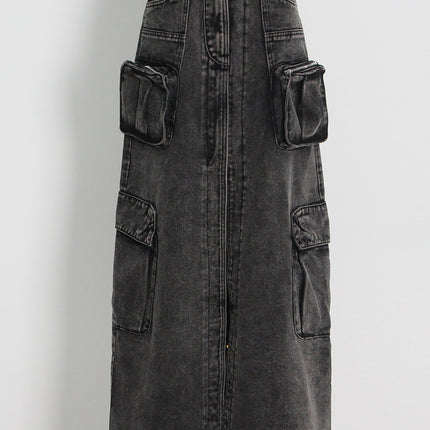 Wholesale Women's Spring Fashion Patchwork Pocket Denim Maxi Skirt