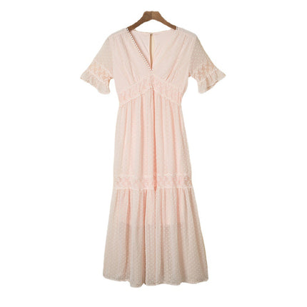 Wholesale Ladies Summer Short Sleeve Dress Solid Color Lace V Neck Long Dress