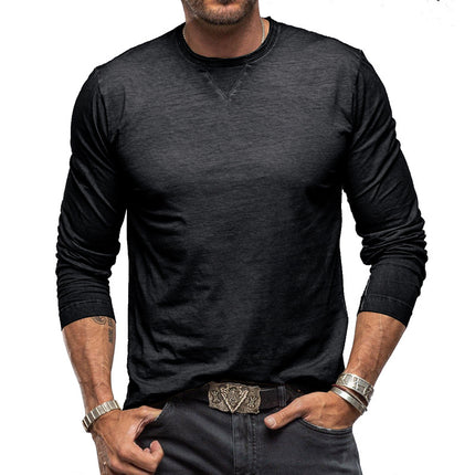 Men's Fall Winter Solid Color Round Neck Long Sleeve Cotton T-shirt