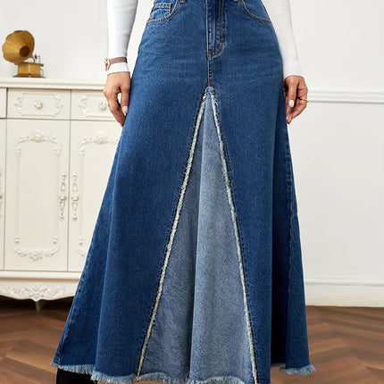 Wholesale Women's Frayed Color Block High Waist Washed Slit Raw Edge Denim Skirt