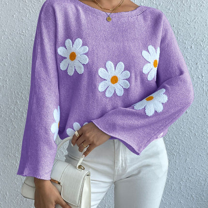 Wholesale Women's Fall Winter Bat Sleeves Embroidered Flowers Sweater