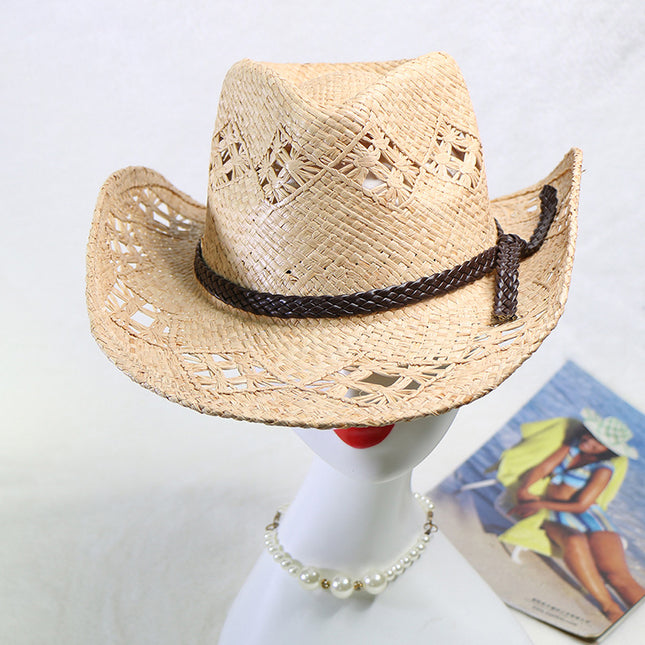 Raffia Hand-knitted Western Cowboy Hat with Breathable Sunshade and Flip-up Straw Hat 