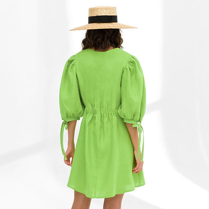 Wholesale Women's Puff Sleeve Cotton Linen Summer Fashion Green A-Line Mini Dress