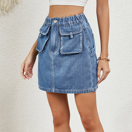 Wholesale Women's Spring and Summer Washed Elastic Waist Denim Mini Skirt