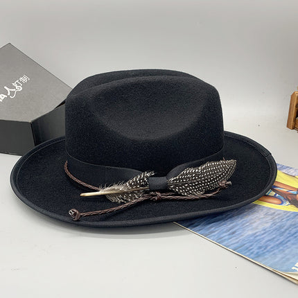 Men's Autumn and Winter Gentleman's Hat Woolen Feather Cowboy Hat 