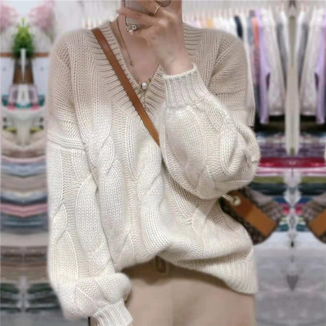 Women's Winter Loose Soft Lantern Sleeve V-neck Thickened Wool Sweater