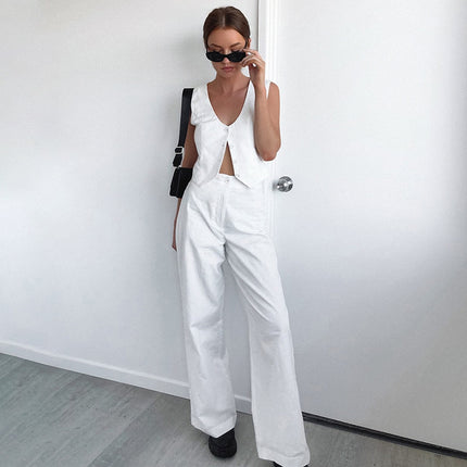 Wholesale Women's Summer Temperament Cotton Linen White Blazer Vest Pants Two Piece Set