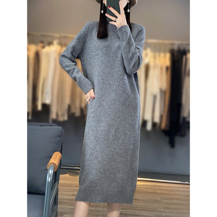 Wholesale Women's Fall Winter Loose Round Neck Long Wool Sweater Dress