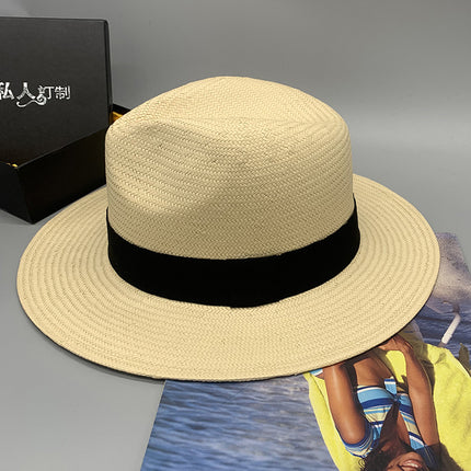 Women's Summer High-end Flat-top Fine Straw White Wide-brim Straw Hat 
