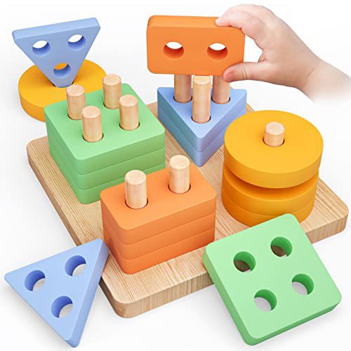 Wooden Geometric Shape Sorting Column Children's Cognitive Stacking Early Education Toys 