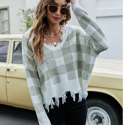Wholesale Women's Autumn Winter Loose Pullover Short V-neck Tassel Sweater