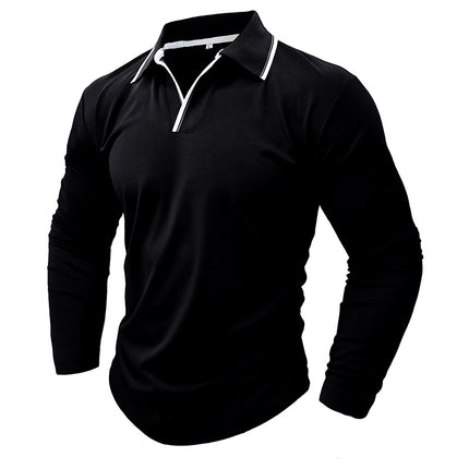 Men's Fall Winter Long-sleeved Lapel V-neck Solid Color POLO Shirt