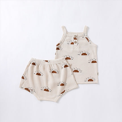 Wholesale Summer Thin Suspenders Set Kid's Waffle Triangle Shorts Baby Printed Two-Piece Set