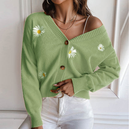Wholesale Women's Fall Winter Daisy Embroidered Cardigan Sweater Jacket