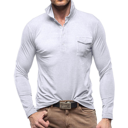 Men's Fall Winter Outdoor Lapel Solid Color Long-sleeved Polo Shirt