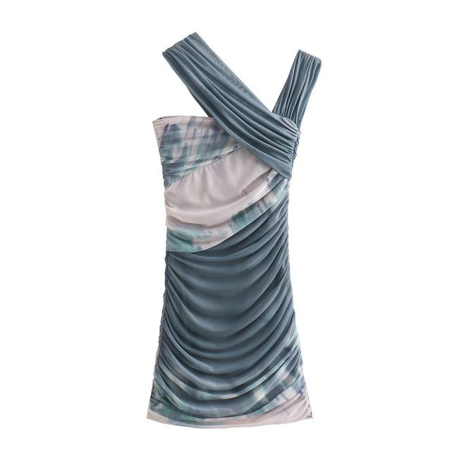 Wholesale Women's Summer Printed Tulle Asymmetrical Mini Dress