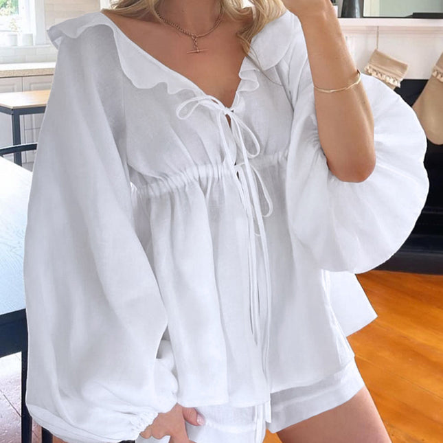 Wholesale Women's Summer Cotton Linen Puff Sleeve V Neck Tie Ruffle Fashionable Casual Two-piece Set