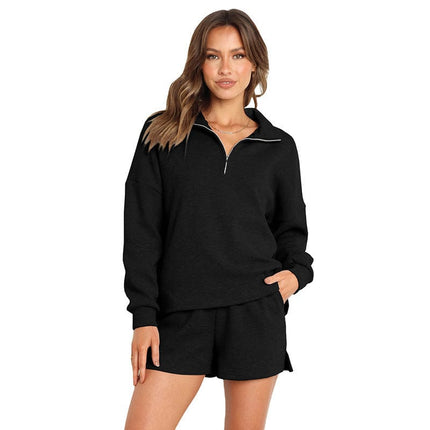 Women's Fall Casual Zippered Ribbed Slit Hoodies Shorts Two Piece Set