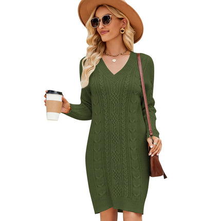 Wholesale Women's  Fall Winter Solid Color V-Neck Cable Sweater Dress