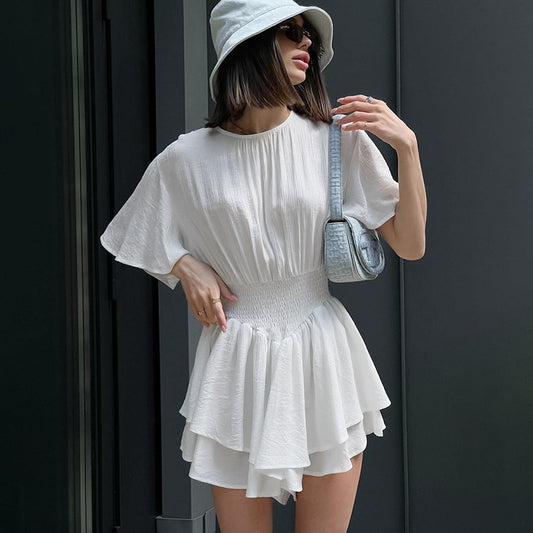 Wholesale Women's Summer French Ruffled Waist White Dress