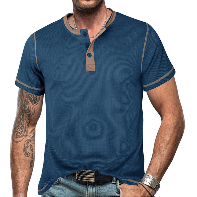 Wholesale Men's Summer Short Sleeve Henley T-Shirt Color Block Top