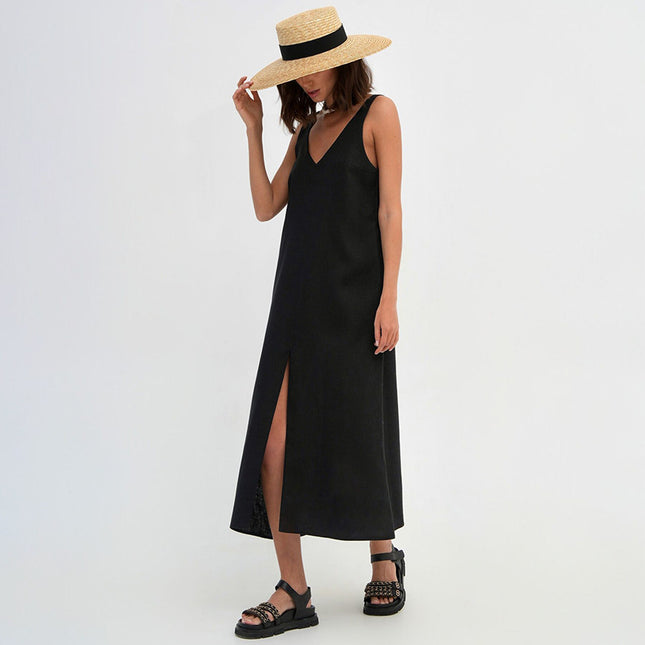 Wholesale Ladies Casual Cotton V Neck Backless Black Dress Summer Women's Dress