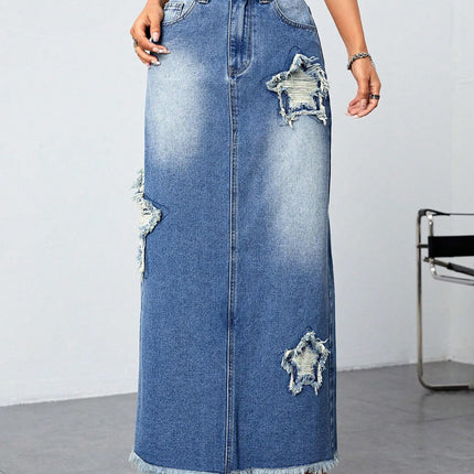Wholesale Women's Frayed High-waist Slit Raw Edge Maxi Denim Skirt