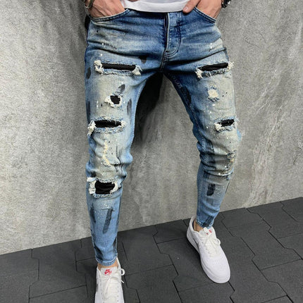 Wholesale Men's Slim Fit Ripped Painted Skinny Jeans