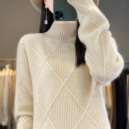 Wholesale Women's Loose Diamond Half Turtleneck Thickened Wool Sweater