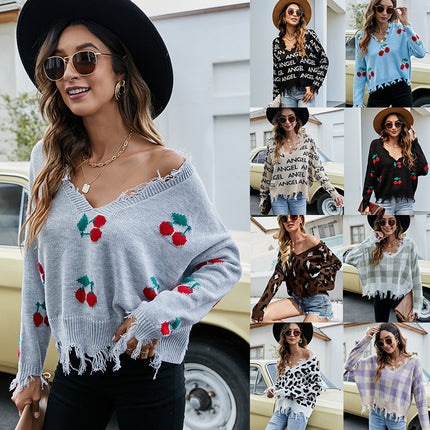 Wholesale Women's Autumn Winter Loose Pullover Short V-neck Tassel Sweater