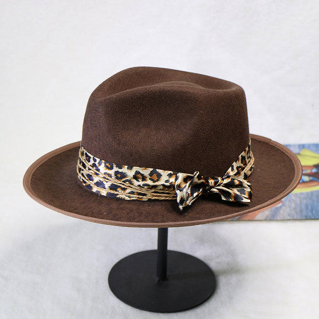 Men's Fall Winter Woolen Color-blocked Leopard Print Jazz Hat Warm Feather Hat