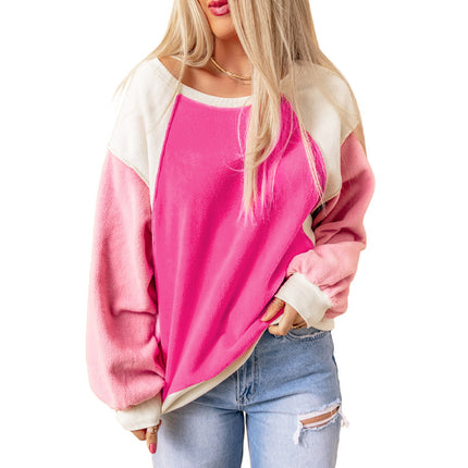 Wholesale Women's Loose Round Neck Rose Color Block Pullover Fleece Hoodies