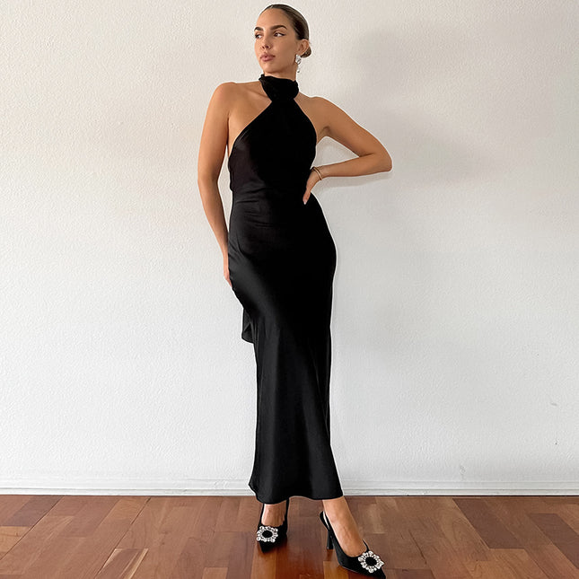 Wholesale Ladies Black Sexy Slim Backless Dress Women's Summer Maxi Dress
