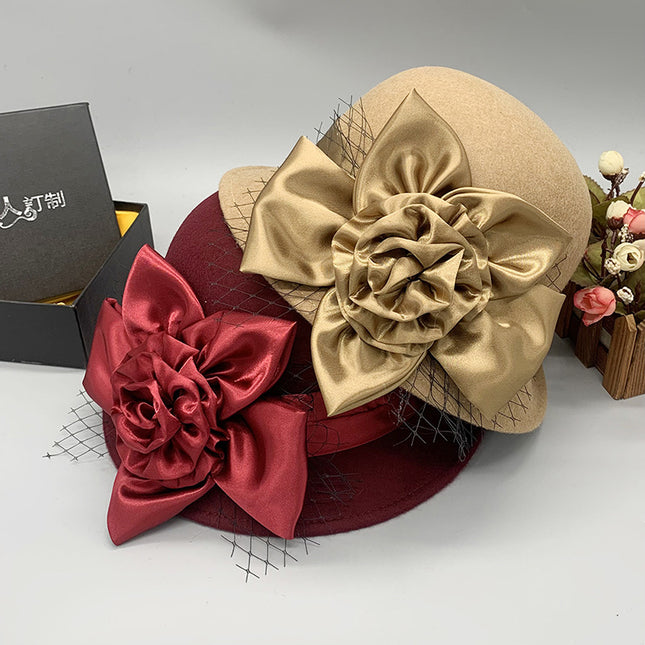 Women's Fall Winter Woolen Hat with Large Flower Decoration and Dome Cuffing