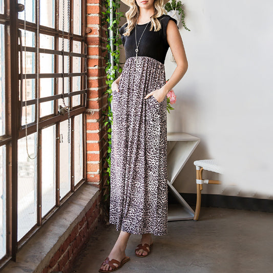 Wholesale Women's Feifei Sleeve Maxi Dress Summer Leopard Print Waist Slimming Step Dress