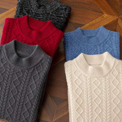 Men's Winter Half Turtleneck Thick Jacquard Casual Loose 100% Wool Sweater