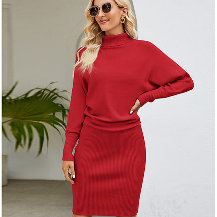 Wholesale Women's Solid Color Hip-hugging Turtleneck Sweater Dresses