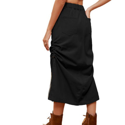 Wholesale Women's Summer Washed Elastic Waist Drawstring Denim Midi Skirt