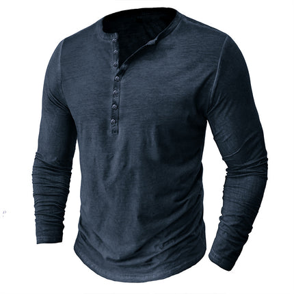 Men's Long Sleeve Henley Button Washed Distressed V-Neck T-Shirt