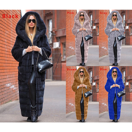Wholesale Ladies Hooded Padded Thickened Lengthened Plush Faux Fur Coat