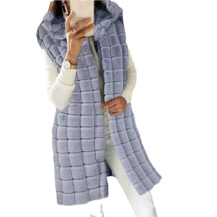 Wholesale Women Faux Rabbit Fur Vest  Ladies Autumn Winter Faux Fur Hooded Long Vest