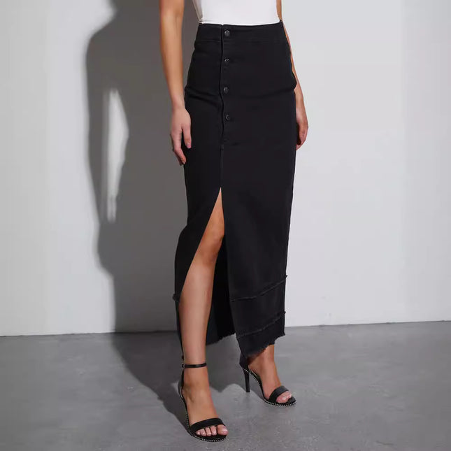 Wholesale Women's High Waist Washed Denim Slit Black Skirt Multi-button Skirt