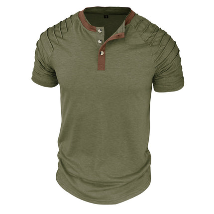 Wholesale Men's Summer Short Sleeve T-Shirt Henley Color Block Top