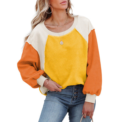 Wholesale Women's Loose Round Neck Rose Color Block Pullover Fleece Hoodies